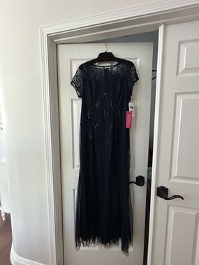 Elegant Navy Beaded Evening Dress with Sheer Overlay illusion gown NWT